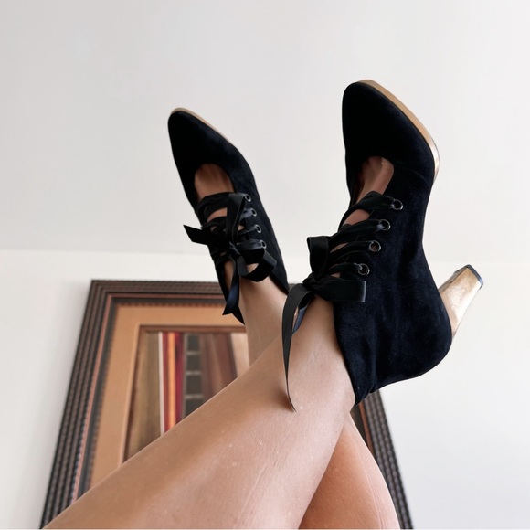 Vintage 90s Yves Saint Laurent Black Suede Heels Lace Up Size 39 US 8 / 8.5 - Picture 1 of 15